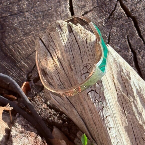 Vintage Sterling Silver Mexico Bracelet With Malachite Inlay Zigzag Design Hinge - Picture 8 of 13